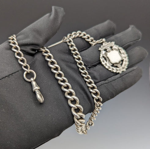 1900年頃 英国アンティーク 純銀(925シルバー)アルバートチェーン 56g 純銀エンブレムフォブ